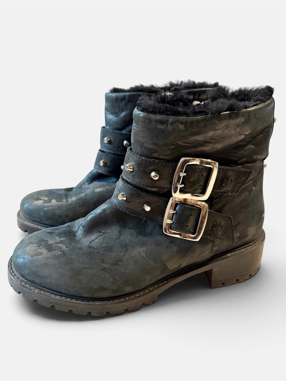 Ross & Snow Stefana Combat Boots Size 8 Black Camo Shearling Lined Moto Biker